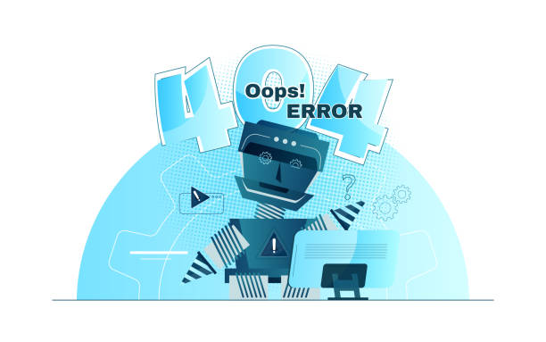 Page not found error 404. System error in laptop epic fail. robot and bug in the computer stock illustration debug stock illustrations