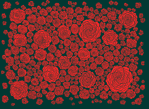 Floral doodle background pattern with roses. Red and green line art. Zendoodle garden ornament. Flowers on the dark green backdrop. Line artwork.