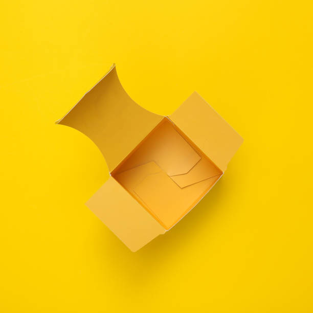 istock Yellow open box on yellow background. Template for mock up. Top view 1423510466