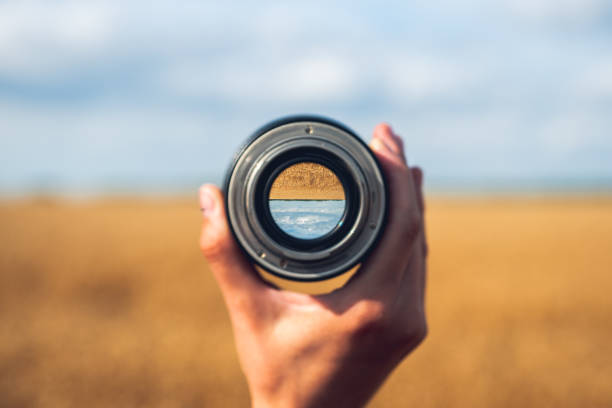 patrząc na złote pole pszenicy w słoneczny jesienny dzień. punkt widzenia. selektywne ustawianie ostrości. - lens camera focus aperture zdjęcia i obrazy z banku zdjęć