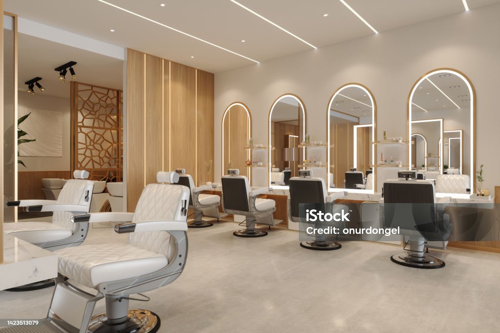 Luxury Hairdressing And Beauty Salon Interior With Chairs, Mirrors And Spotlights Hair Salon Stock Photo