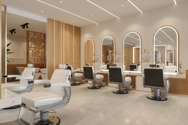 Luxury Hairdressing And Beauty Salon Interior With Chairs, Mirrors And Spotlights Luxury Hairdressing And Beauty Salon Interior With Chairs, Mirrors And Spotlights beauty spa stock pictures, royalty-free photos & images