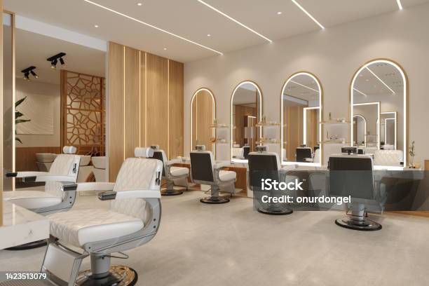 Luxury Hairdressing And Beauty Salon Interior With Chairs Mirrors And Spotlights Stock Photo - Download Image Now