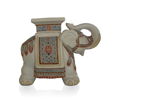antique white pottery elephant on white background, animal, vintage, background,object, ancient,copy space