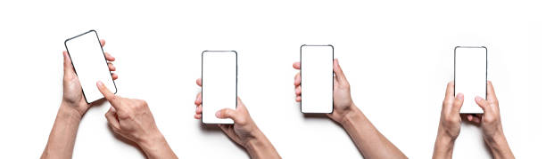 istock Man hand holding and touching smart phone with blank white screen. Set isolated on white background 1423515823