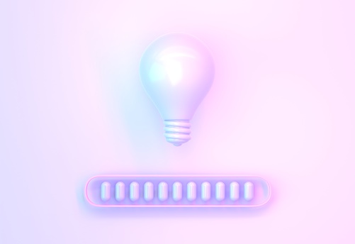 Light bulb and loading bar icon on neon background. Concept of business idea, thinking process, brainstorm, creative solutions and innovation. Interface design element with lamp 3D render illustration