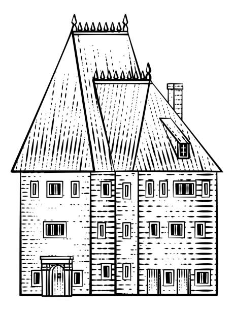 ilustraciones, imágenes clip art, dibujos animados e iconos de stock de antigua casa medieval inn edificio xilografía vintage - tudor style house residential structure cottage