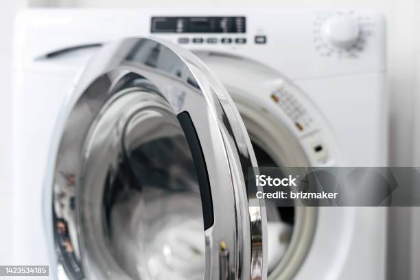 New Washing Machine With Open Door Closeup Stock Photo - Download Image Now - Washing Machine, Dryer, Laundromat