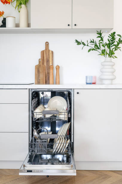 istock Open dishwasher in modern kitchen interior design in white tones 1423534906