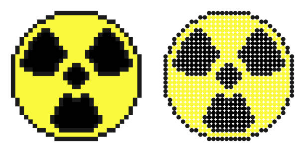 Pixel icon. Radioactive hazard signs on yellow background. Simple retro game vector isolated on white background