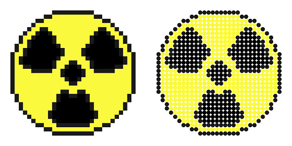 Pixel icon. Radioactive hazard signs on yellow background. Simple retro game vector isolated on white background