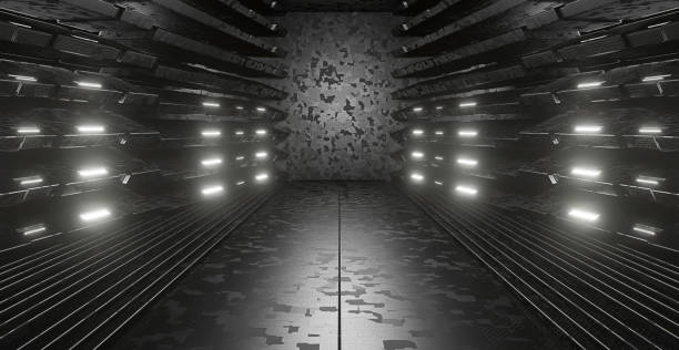 istock Empty Elegant Modern Metallic Empty Tunnel Hallway Gate Spotlight Gray Banner Background Alien Futuristic Concept For Showroom Studio Montage 3D render Illustration 1423537132