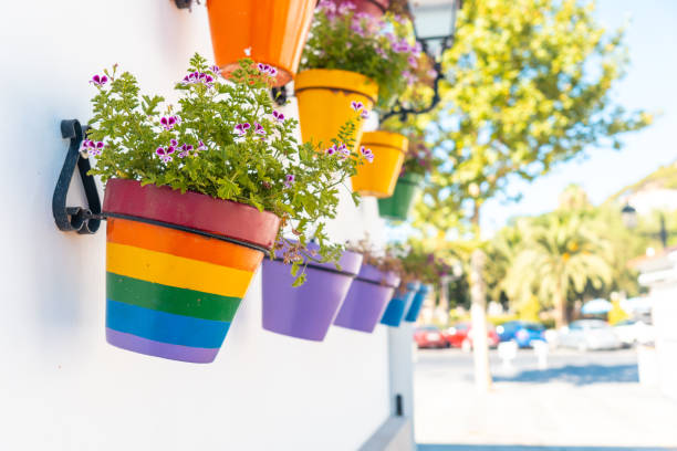 Flower pots with rainbow colors with lgbt colors. Mijas, Malaga stock photo
