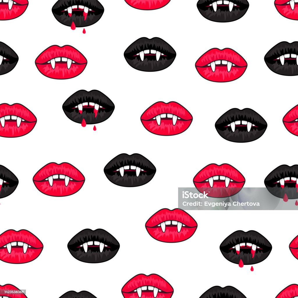 Abstract Fangs Lips With Long Vampire Fangs Halloween Seamless Pattern Hand Drawn ...