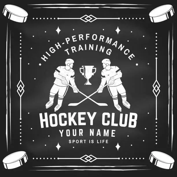 Vector illustration of Hockey club logo, badge design on chalkboard. Concept for shirt or logo, print, stamp or tee. Winter sport. Vector illustration. Hockey championship.