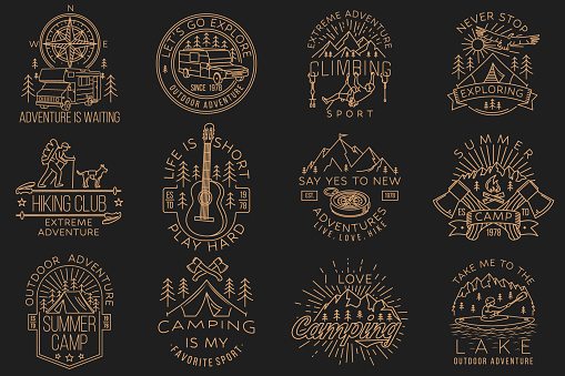 Set of camping badges design on chalkboard. Vector illustration. Concept for shirt or logo, print, stamp or tee. Vintage line art typography design with man in canoe, lake, camper rv , tent and forest silhouette