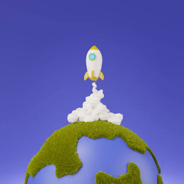 Photo of 3d render of rocket launch from the earth isolated on blue background.