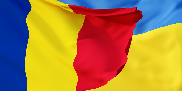 Romanian and Ukrainian flags flying in the wind. Romania stand with Ukraine. 3D rendered image.
