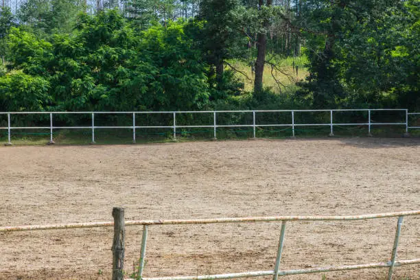 Photo of Paddock and pen for horses, where races are held. There is sand on the ground, trees in the background.