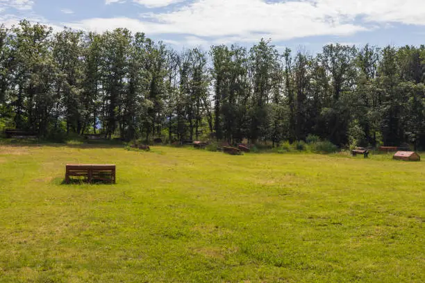 Photo of Green meadow with obstacles for horses. In the background are trees.