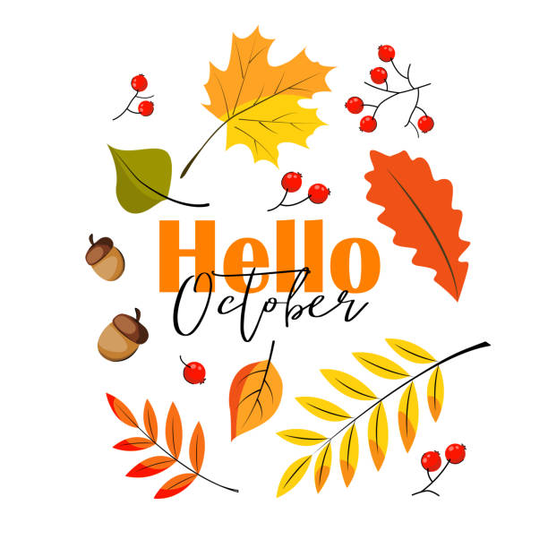 こんにちは10月の秋のはがきバナーレタリング秋のテーマで、ドングリと小穂と異なる色の葉。ベクターストックフラットイ�ラスト - squash pumpkin orange japanese fall foliage点のイラスト素材／クリップアート素材／マンガ素材／アイコン素材
