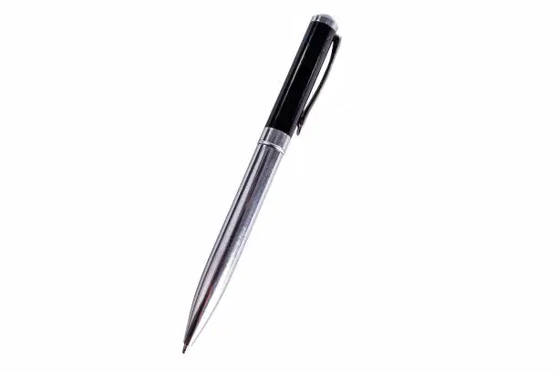 Black ballpen with metallic parts on white background, isolated.