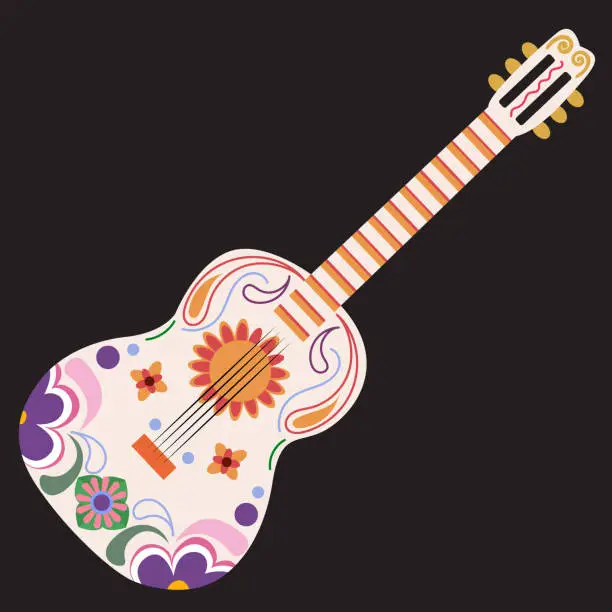 Vector illustration of guitar. Day of the Dead in Mexico. Collection of skulls, maracas, guitar, bones.