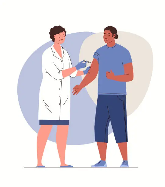 Vector illustration of Nurse Gives Injection in Shoulder to Patient.