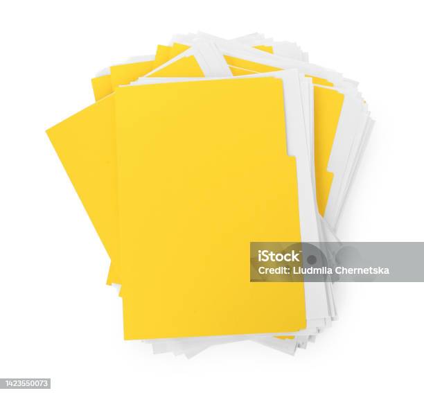 Project File Yellow Stack Of Yellow Files With Documents On White Background Top View Stock ...