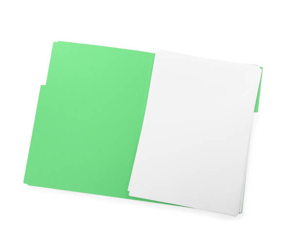 白い背景に白紙の紙が付いたライトグリーンのファイル、上面図。デザインのためのスペース - file manila paper archives nobody ストックフォトと画像