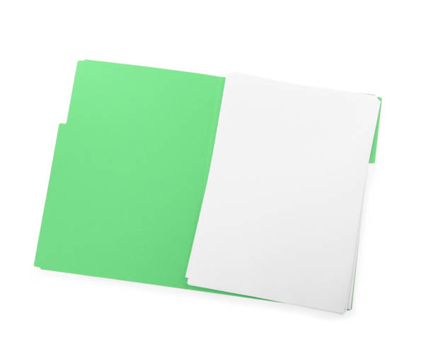 istock Light green file with blank sheets of paper on white background, top view. Space for design 1423550436