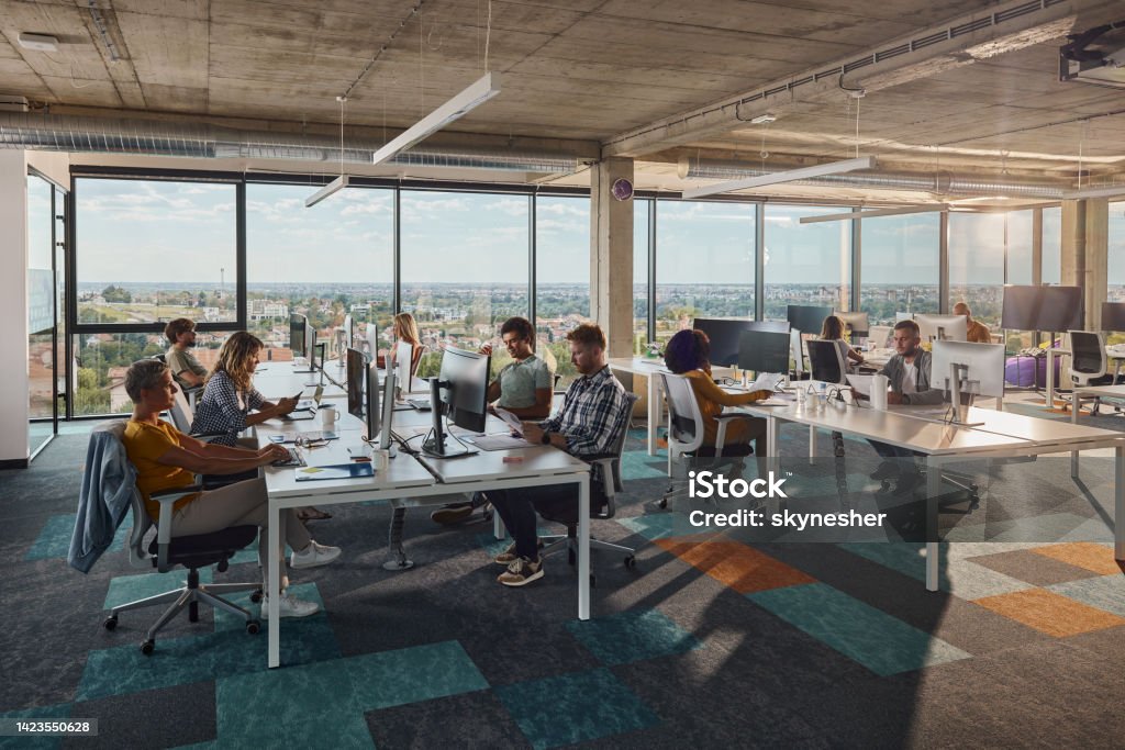 Multi-tasking computer programmers working in a modern office. Large group of programmers working in a modern office of a software company. Copy space. Office Stock Photo