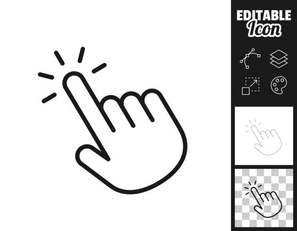 Click with hand cursor. Icon for design. Easily editable Icon of "Click with hand cursor" for your own design. Three icons with editable stroke included in the bundle: - One black icon on a white background. - One line icon with only a thin black outline in a line art style (you can adjust the stroke weight as you want). - One icon on a blank transparent background (for change background or texture). The layers are named to facilitate your customization. Vector Illustration (EPS file, well layered and grouped). Easy to edit, manipulate, resize or colorize. Vector and Jpeg file of different sizes. mouse stock illustrations