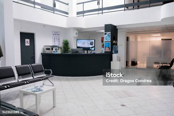 No People In Waiting Area For Patients With Doctor Appointments In Modern Healthcare Clinic Stock Photo - Download Image Now