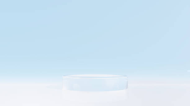 istock Light blue background and transparent glass base (horizontal) 1423551971