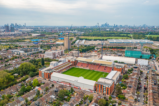 Aerial photo from a drone of Leyton Orient F.C. Stadium (The Breyer Group Stadium) on Brisbane Road, Leyton, East London, Waltham Forest, London, UK. Home of Leyton Orient Football Club (The O's).