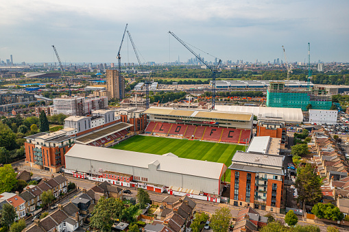 Aerial photo from a drone of Leyton Orient F.C. Stadium (The Breyer Group Stadium) on Brisbane Road, Leyton, East London, Waltham Forest, London, UK. Home of Leyton Orient Football Club (The O's).
