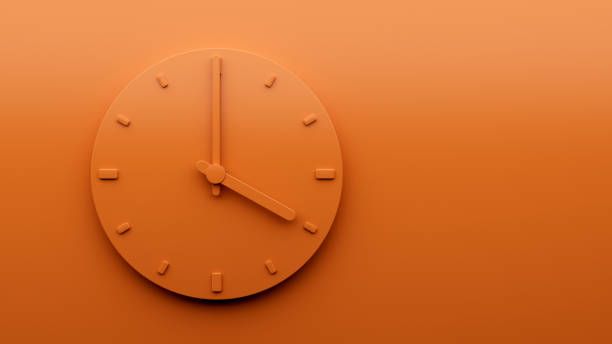 minimalny pomarańczowy zegar 04:00 cztery godziny abstrakcyjne minimalistyczny zegar ścienny 16:00 lub 4:00 ilustracja 3d - clock time alarm clock orange zdjęcia i obrazy z banku zdjęć