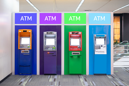 ATM bank cash machine on shopping mall background. Set of automatic teller machine from different sides color