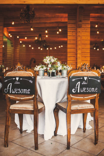 istock Chairs with inscriptions and flowers on the wedding table 1423554077