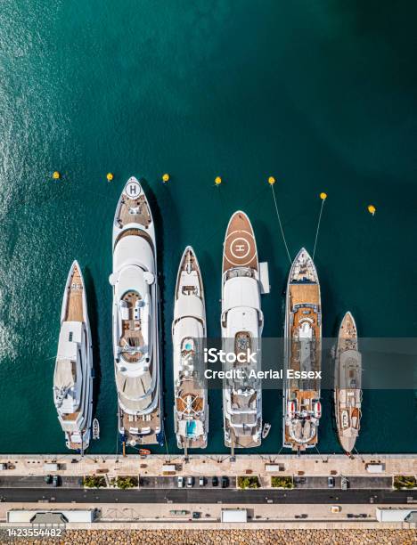 Row Of Luxury Super Yachts Moored In Port Vauban Antibes Cote Dazur France Stock Photo - Download Image Now