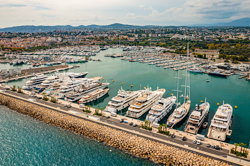 Cannes, France - May 14, 2015: Aerial view of the old harbor and the marina, full of luxury yachts, during the 68 edition of the Cannes Film Festival