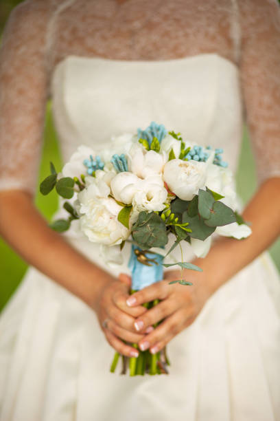 istock Bright wedding bouquet in hands of the bride 1423554808