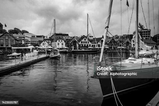 The Harbour In The Rain In Stavanger Norway Stock Photo - Download Image Now - 2022, Atmospheric Mood, Black And White
