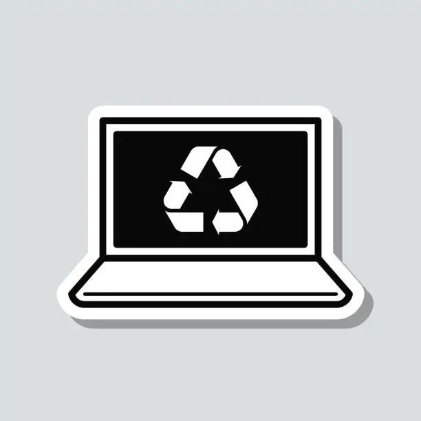 Vector illustration of Laptop with recycle symbol. Icon sticker on gray background