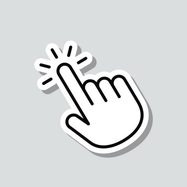 ilustraciones, imágenes clip art, dibujos animados e iconos de stock de haga clic con el cursor de mano. pegatina de icono sobre fondo gris - ratón