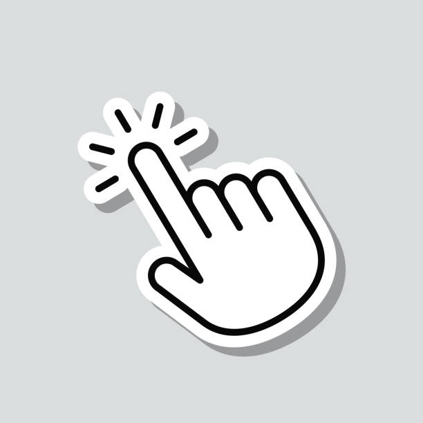 Click with hand cursor. Icon sticker on gray background Icon of "Click with hand cursor" on a sticker with a drop shadow isolated on a blank background. Trendy illustration in a flat design style. Vector Illustration (EPS file, well layered and grouped). Easy to edit, manipulate, resize or colorize. Vector and Jpeg file of different sizes. computer mouse stock illustrations