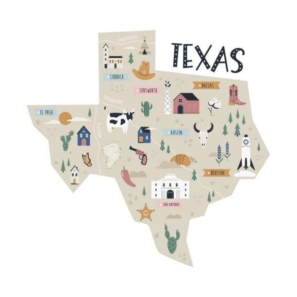 texas karte staat mit sehenswürdigkeiten und symbolen. - austin texas stock-grafiken, -clipart, -cartoons und -symbole