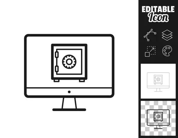 Vector illustration of Desktop computer with safe box. Icon for design. Easily editable