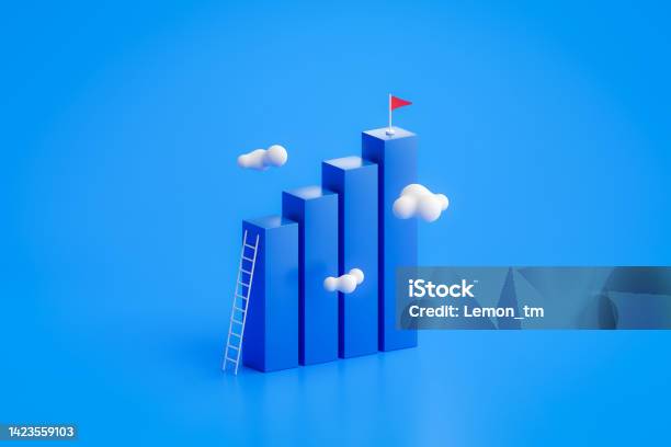 Success Business Graph On Goal Achievement Strategy Chart Concept 3d Background With Creative Growth Financial Progress Target Or Victory Competition Step Climbing Top Flag Improvement High Objective Stock Photo - Download Image Now
